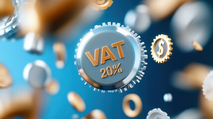Poster - VAT 20% symbol surrounded by floating coins and abstract shapes, conveying finance