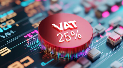 Poster - VAT 25% on metallic button, surrounded by abstract digital elements
