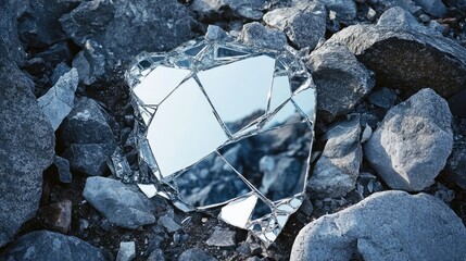 Poster - Fragments of a shattered mirror scattered over rocks, symbolizing the reflective contrast between man-made objects and the raw beauty of nature.