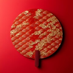 Poster - Elegant Traditional Chinese Oriental Fan with Intricate Red and Gold Decorative Pattern on a Solid Red Background   Representing Auspicious Symbols of Prosperity Wealth and