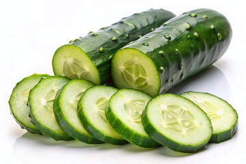 Wall Mural - Fresh Green Cucumber Slices Hovering, Pure White Background - Stock Photo