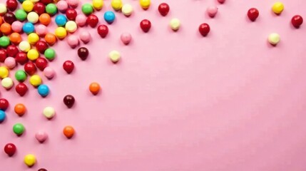 Poster - Colorful Candies Scattered on a Pink Background, Perfect for Festive Designs or Sweet Treats Advertisement