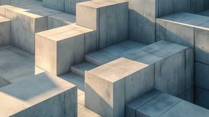 Poster - Minimalist concrete cubes arranged in an abstract design, with the light casting long, defined shadows, creating a striking geometric scene.