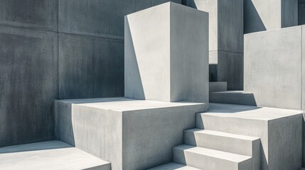 Poster - Minimalist concrete cubes arranged in an abstract design, with the light casting long, defined shadows, creating a striking geometric scene.