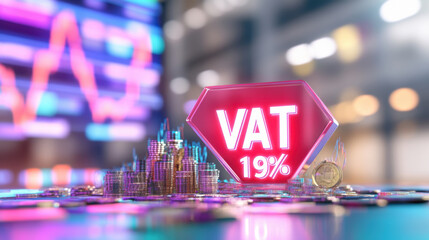 Poster - VAT 19% sign with colorful financial data and coins in background