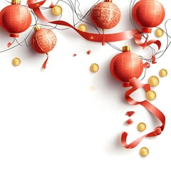 Poster - Festive Chinese New Year Concept with Traditional Red and Gold Paper Ribbons Hanging on a White Background  Auspicious Oriental Holiday Decor for Lunar New Year Festivities