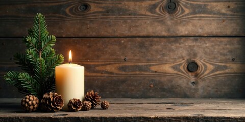 Poster - A Festive Still Life A Lit Candle with Pine Cones and Evergreen Branch on Rustic Wood