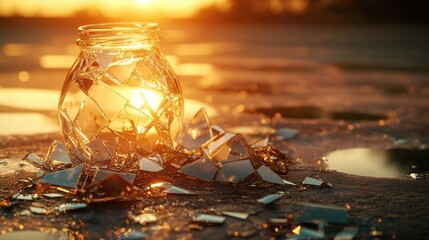 Poster - Shattered glass fragments scattered around a broken jar, reflecting warm sunset light on a glossy surface, capturing the beauty of destruction