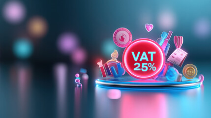 Poster - VAT 25% sign glowing on colorful display with various icons around