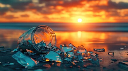 Poster - Shattered glass fragments scattered around a broken jar, reflecting warm sunset light on a glossy surface, capturing the beauty of destruction