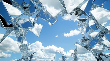 Poster - Shattered mirror fragments scattered on a white surface, reflecting the blue sky and clouds, creating an intriguing contrast of reflections.