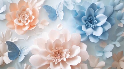 Poster - Soft, elegant paper flowers in pastel hues with butterflies fluttering nearby, creating a peaceful and artistic atmosphere filled with charm.