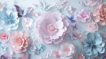 Poster - Soft, elegant paper flowers in pastel hues with butterflies fluttering nearby, creating a peaceful and artistic atmosphere filled with charm.