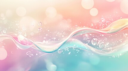 Poster - Soft, transparent liquid waves with bubbles delicately rising in a dreamy, pastel-colored gradient background, capturing fluidity and motion.
