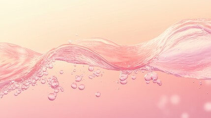 Poster - Soft, transparent liquid waves with bubbles delicately rising in a dreamy, pastel-colored gradient background, capturing fluidity and motion.