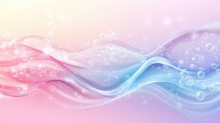 Poster - Soft, transparent liquid waves with bubbles delicately rising in a dreamy, pastel-colored gradient background, capturing fluidity and motion.