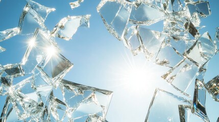 Poster - Sunlight gleams off shattered glass shards, creating a shimmering effect against the backdrop of a clear blue sky, showcasing abstract beauty.
