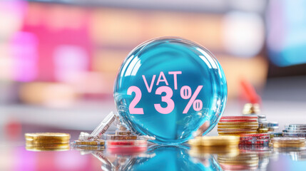 Poster - VAT 23% displayed in glowing blue orb surrounded by coins