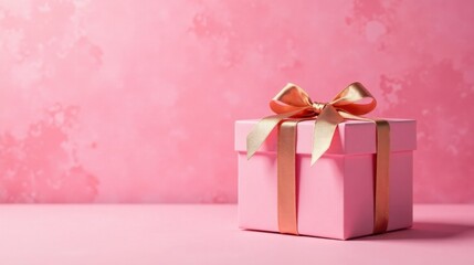 Poster - A Pink Gift Box with a Gold Ribbon on a Pink Background