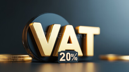 Poster - VAT 20% text on glossy black surface with coins, symbolizing finance
