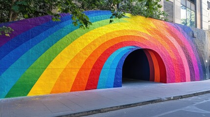 Poster - Urban street corner with an eye-catching vibrant rainbow wall art installation, turning a dull space into a burst of color and creativity.