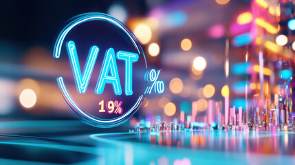 Poster - Neon blue glowing VAT 19 sign floating above futuristic background