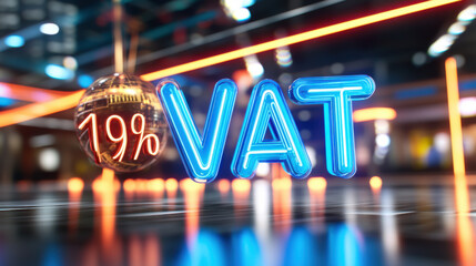 Poster - Neon blue glowing VAT sign with 19% in futuristic setting, vibrant lights