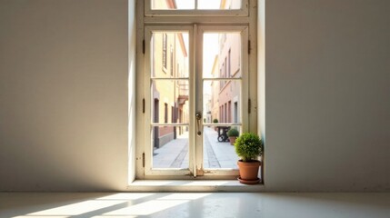 Poster - Sunlight streams through a vintage window overlooking a charming alleyway, a potted plant rests on the sill