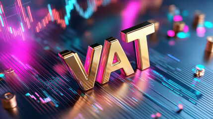 Poster - Shiny bronze VAT letters on textured surface with colorful lights