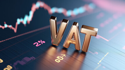 Poster - Shiny bronze VAT letters on textured surface with financial graphs