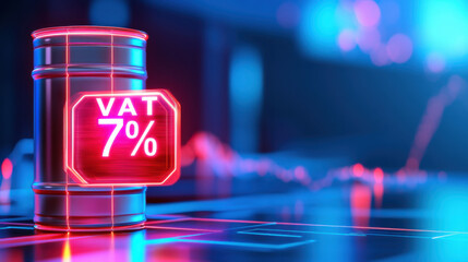Poster - Shiny holographic label on barrel with VAT 7% text, glowing in blue