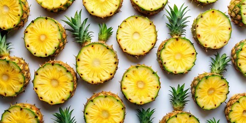 Wall Mural - Fresh Pineapple Slices on White Background - Summer Fruit Texture