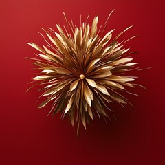 Poster - Radiant golden floral burst with feathery spiked petals in a radial arrangement against a vibrant red background  This design creates a dynamic modern and visually striking composition