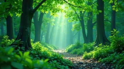 Aufkleber - Serene sunlit path through a mystical forest with lush green foliage and a pebbled trail