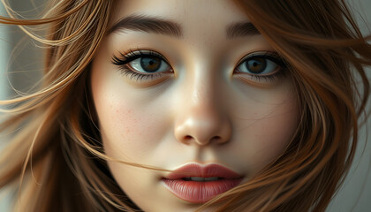 hair blowing closeup portrait of mixed race model with freckles watching to the camera directly, asian style. isolated with white highlights