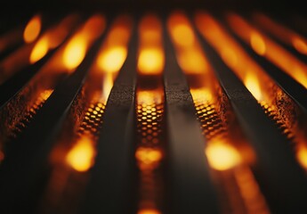 Poster - Warm Glow of Fire Underneath Metal Grate Captured in Close-Up, Emphasizing the Textures and Patterns of the Equipment Create an Inviting Ambiance in the Scene