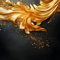 Poster - Mesmerizing abstract image showcasing a dynamic and fluid golden swirl with shimmering glitter and splatter effects against a dark and dramatic background