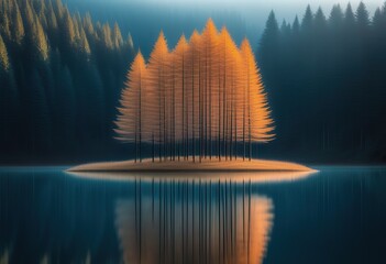 Wall Mural - A serene autumnal scene golden larch trees on a small island in a still lake, mirrored perfectly in the tranquil water. Surrounded by dark evergreens.