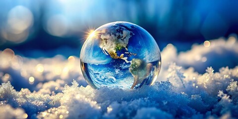 Wall Mural - Frozen Earth Macro: Tiny Ice Planet Surrounded by Snowflakes