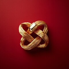 Poster - Elegantly Tied Knot in Gold and Red Twine Forming a Symmetrical Abstract Design on a Minimalist Red Background  Composition Depicting the Beauty of Simplicity and Geometric Patterns