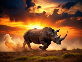 Wall Mural - Furious Rhino Silhouette at Sunset - Powerful African Wildlife