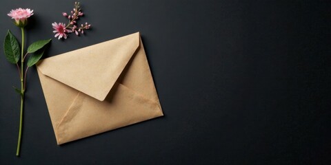 Poster - A kraft paper envelope and delicate pink flowers rest on a dark background, creating a minimalist scene ideal for correspondence or invitation announcements.