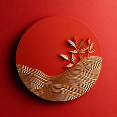 Poster - red sunburst landscape with abstract geometric wave patterns minimal 3D digital art for seasonal autumn or fall themed designs and backgrounds