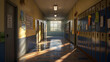© Adi - Empty school hallway with lockers and sunlight.