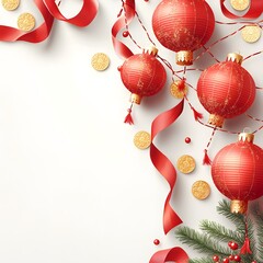 Poster - Red Chinese lanterns golden coins and other traditional decorative elements arranged for Lunar New Year or Chinese Spring Festival Festive and auspicious arrangement with oriental atmosphere