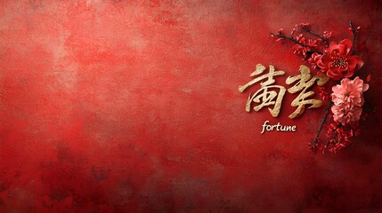 Poster - Vibrant red floral Chinese fortune with traditional symbols for Lunar New Year holiday Graphic design with textured vintage grunge background