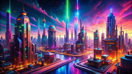 Wall Mural - Futuristic Holographic Neon Background: Abstract Funky Fantasy Aerial View