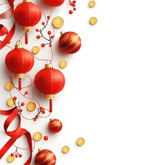 Poster - Vibrant red Chinese lanterns and golden spherical ornaments hanging on strings creating a festive and auspicious display for a traditional holiday