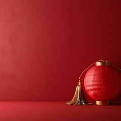 Poster - Elegant Red Chinese Lantern Hanging Against Minimal Red Background with Golden Tassel New Year Festival Concept