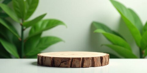 Poster - Wooden Slice Display on White Surface with Lush Green Foliage Background